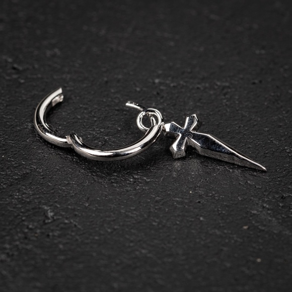 Men's Solid Sterling Silver Dangle Dagger Sword Cross Huggie Hoop Earrings - Picture 4 of 5